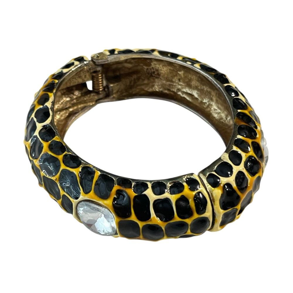 Giraffe Animal Cuff Rhinestone Enamel Cabochon Hinge Bracelet KJL Style VTG 80s